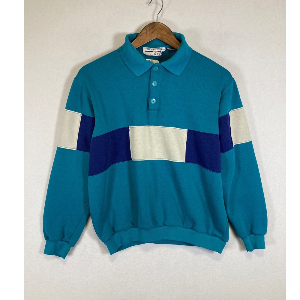 Vintage 90s Starting Point Mens Medium Teal‎ Colorblock Polo Fleece Sweatshirt